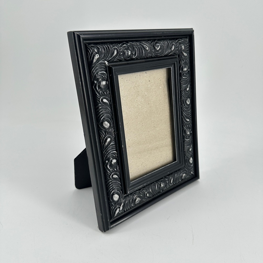 Shabby Black Ornate 4x6 Tabletop Picture Frame Distressed Scroll Relief Decor